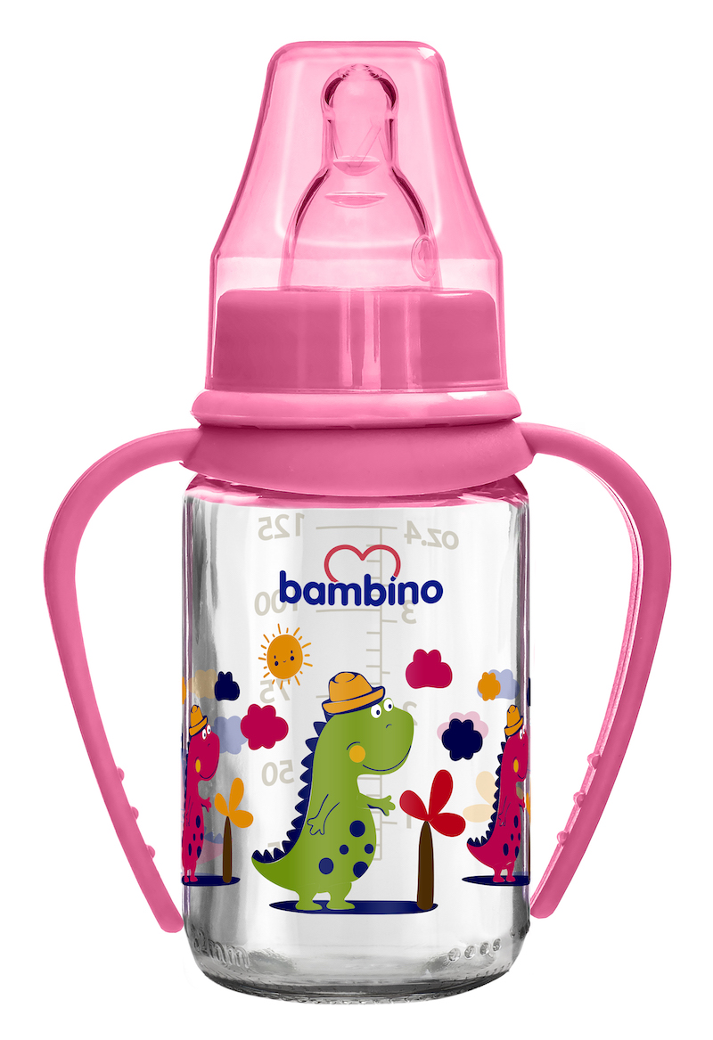 Bambino Roze 125 ml Glazen Fles met Grip Handvatten B015